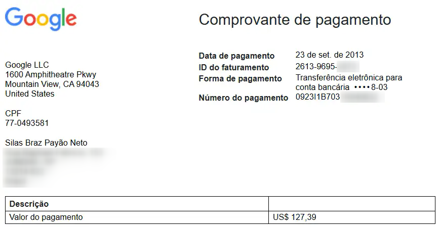 Comprovante original do Google: 23 de setembro de 2013, US$ 127,39